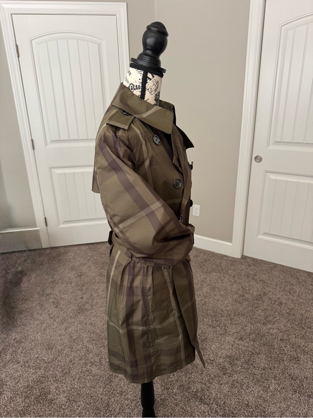 *Mint* Burberry Olive Plaid Print Trench Coat (US Size 4 - Small) - Picture 3 of 5
